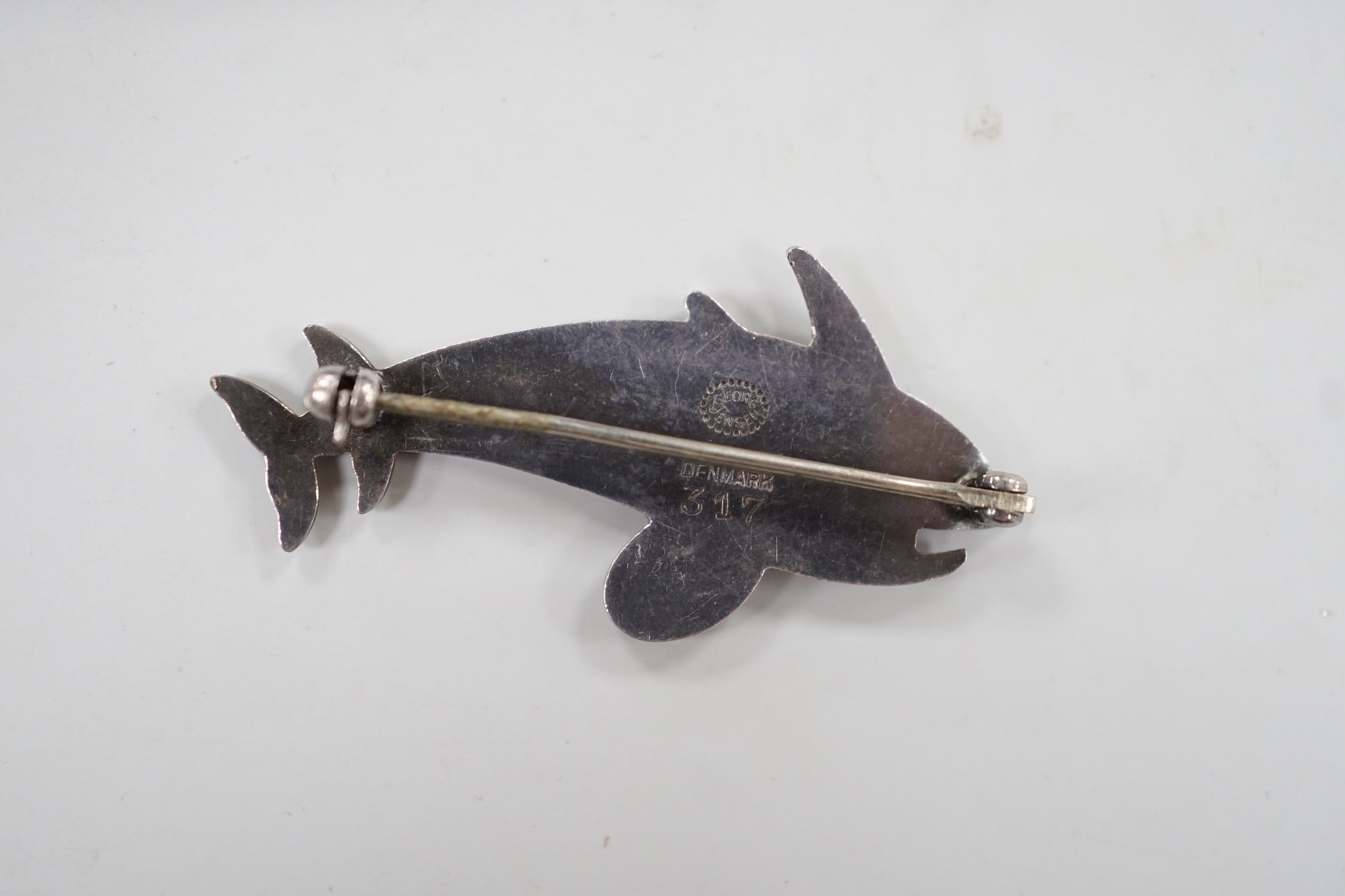 A Georg Jensen sterling twin dolphin brooch, design no. 317, 40mm.